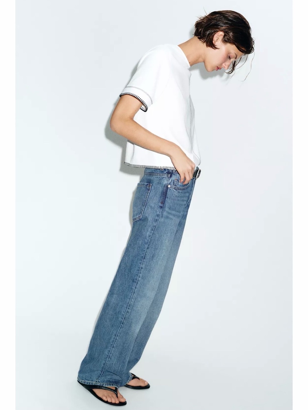 Zara White Cropped Short-Sleeve Top with Contrast Trim